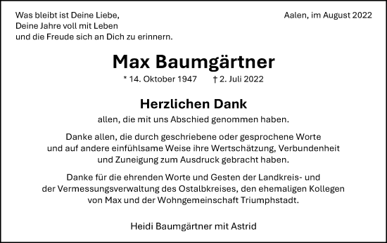 Traueranzeige von Max Baumgärtner von Schwäbische Post