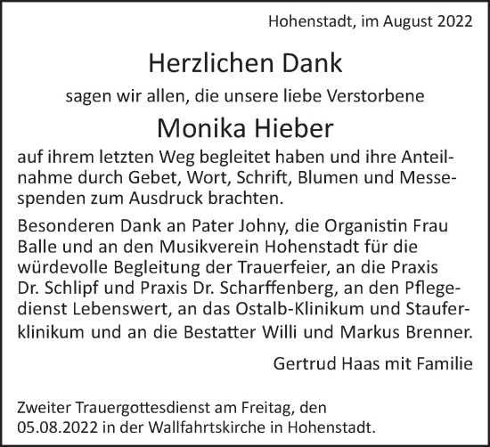 Traueranzeige von Monika Hieber von Schwäbische Post