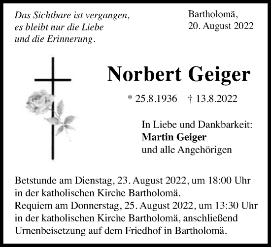 Traueranzeige von Norbert Geiger von Gmünder Tagespost