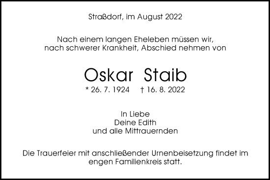 Traueranzeige von Oskar Staib