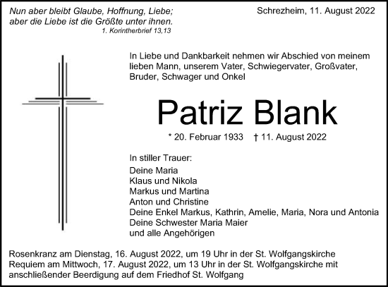 Traueranzeige von Patriz Blank von Schwäbische Post
