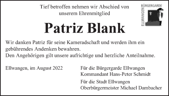Traueranzeige von Patriz Blank von Schwäbische Post