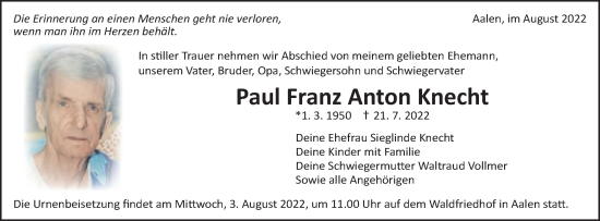 Traueranzeige von Paul Franz Anton Knecht von Schwäbische Post