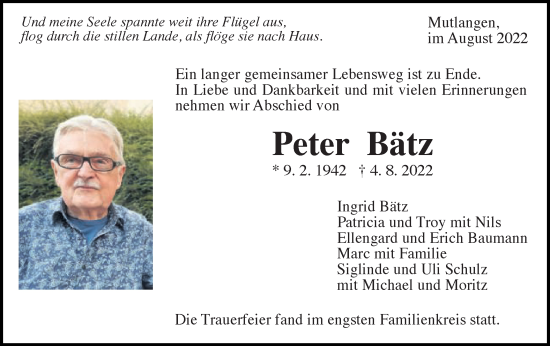 Traueranzeige von Peter Bätz von Gmünder Tagespost