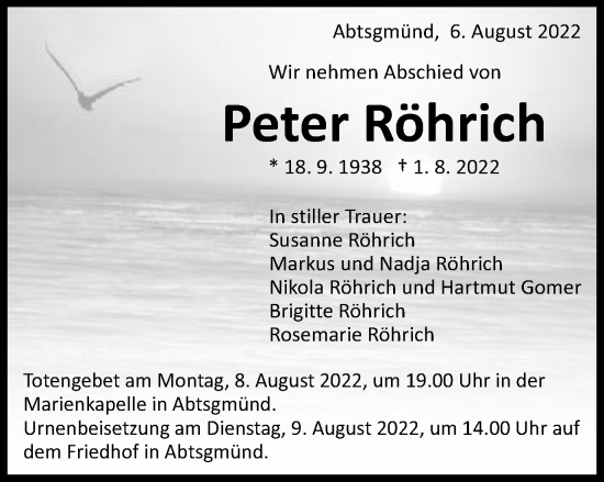 Traueranzeige von Peter Röhrich von Schwäbische Post