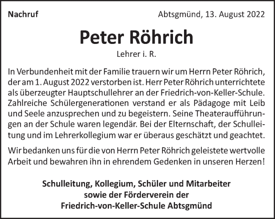 Traueranzeige von Peter Röhrich von Schwäbische Post