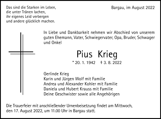 Traueranzeige von Pius Krieg von Gmünder Tagespost