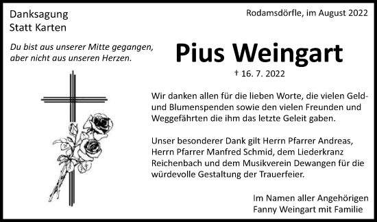 Traueranzeige von Pius Weingart von Schwäbische Post