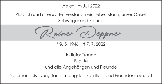 Traueranzeige von Rainer Deppner von Schwäbische Post