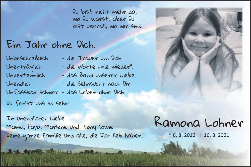  Traueranzeige für Ramona  Lohner  vom 16.08.2022 aus Schwäbische Post