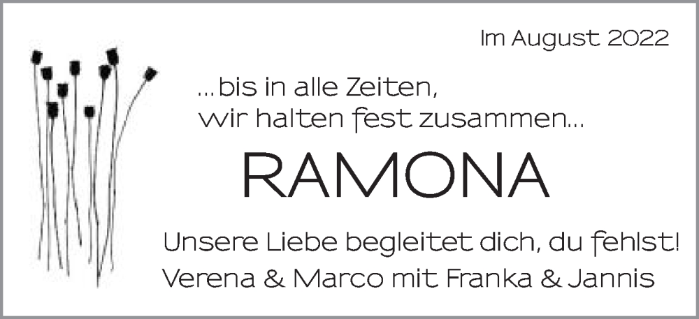  Traueranzeige für Ramona  Lohner  vom 16.08.2022 aus Schwäbische Post