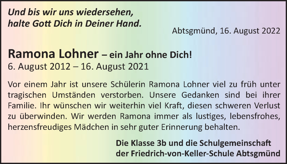  Traueranzeige für Ramona  Lohner  vom 16.08.2022 aus Schwäbische Post