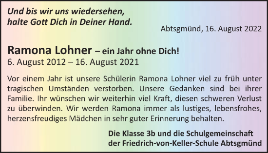 Traueranzeige von Ramona  Lohner  von Schwäbische Post