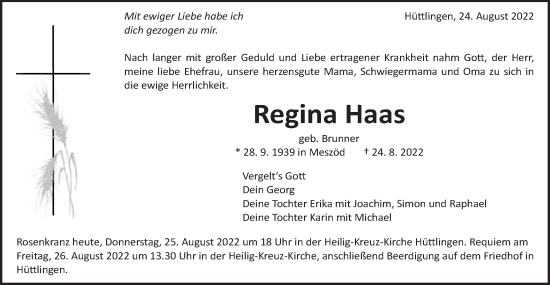 Traueranzeige von Regina Haas von Schwäbische Post