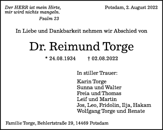 Traueranzeige von Reimund Torge von Schwäbische Post