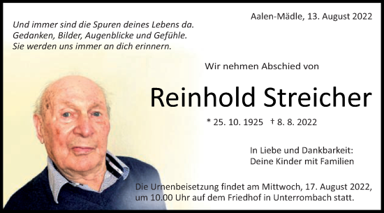 Traueranzeige von Reinhold Streicher von Schwäbische Post