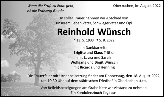 Traueranzeige von Reinhold Wünsch von Schwäbische Post