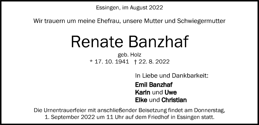  Traueranzeige für Renate Banzhaf vom 27.08.2022 aus Schwäbische Post