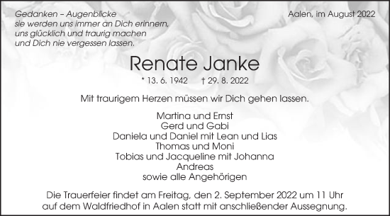 Traueranzeige von Renate Janke von Schwäbische Post