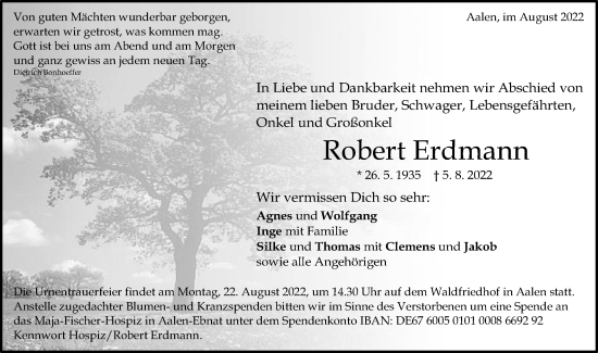 Traueranzeige von Robert Erdmann von Schwäbische Post