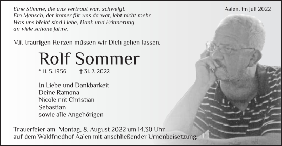 Traueranzeige von Rolf Sommer von Schwäbische Post