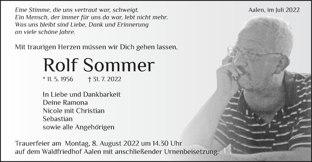  Traueranzeige für Rolf Sommer vom 04.08.2022 aus Schwäbische Post