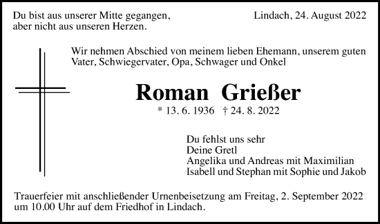 Traueranzeige von Roman Grießer von Gmünder Tagespost