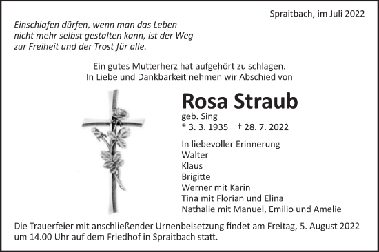 Traueranzeige von Rosa Straub von Gmünder Tagespost