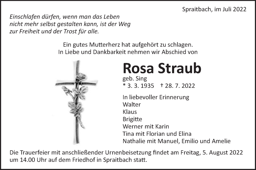  Traueranzeige für Rosa Straub vom 03.08.2022 aus Gmünder Tagespost