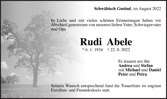 Traueranzeige von Rudi Abele von Gmünder Tagespost