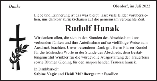 Traueranzeige von Rudolf Hanak von Schwäbische Post