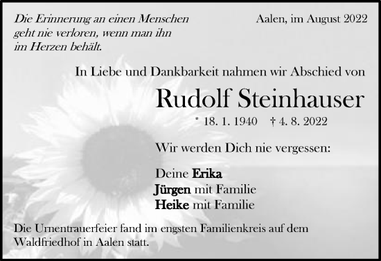 Traueranzeige von Rudolf Steinhauser von Schwäbische Post