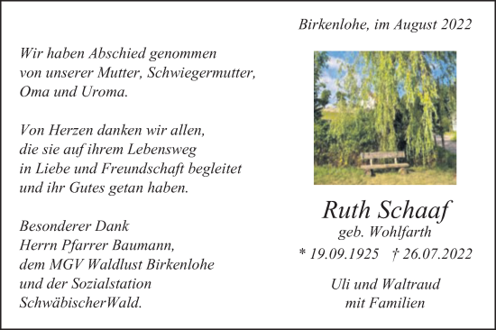 Traueranzeige von Ruth Schaaf von Gmünder Tagespost