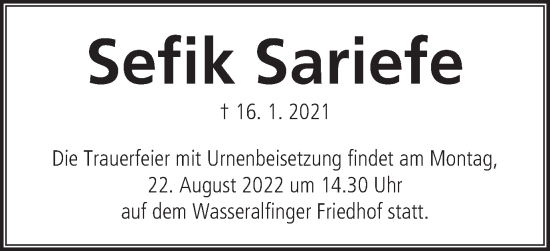 Traueranzeige von Sefik Sariefe von Schwäbische Post