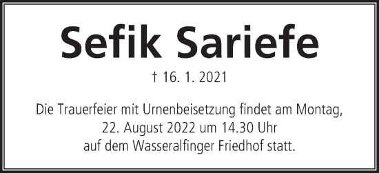 Traueranzeige von Sefik Sariefe von Schwäbische Post