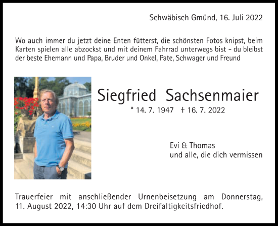 Traueranzeige von Siegfried Sachsenmaier
