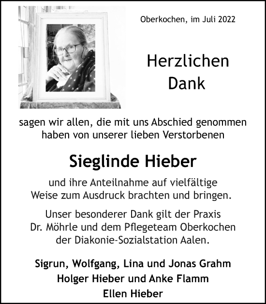 Traueranzeige von Sieglinde Hieber von Schwäbische Post