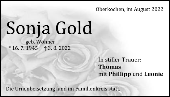 Traueranzeige von Sonja Gold von Amtsblatt_Oko