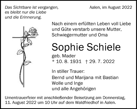 Traueranzeige von Sophie Schiele von Schwäbische Post