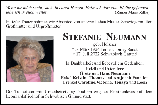 Traueranzeige von Stefanie Neumann von Gmünder Tagespost