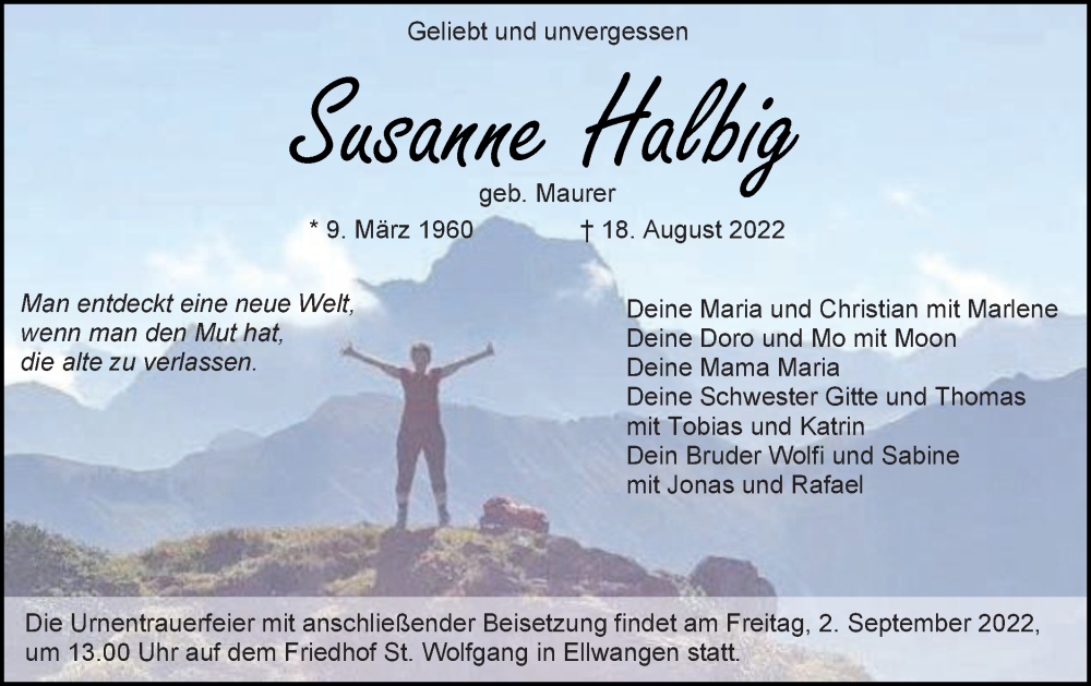  Traueranzeige für Susanne Halbig vom 27.08.2022 aus Schwäbische Post