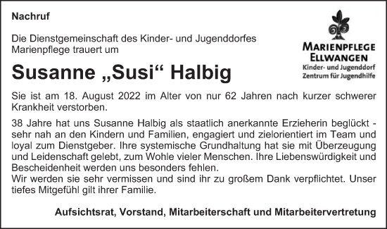 Traueranzeige von Susanne Halbig von Schwäbische Post