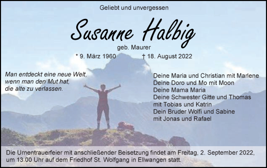 Traueranzeige von Susanne Halbig von Schwäbische Post