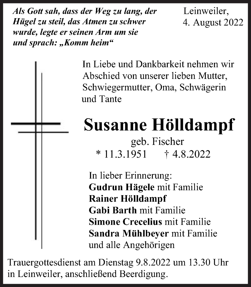  Traueranzeige für Susanne Hölldampf vom 06.08.2022 aus Gmünder Tagespost