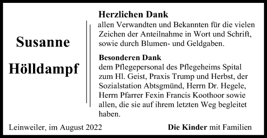 Traueranzeige von Susanne Hölldampf