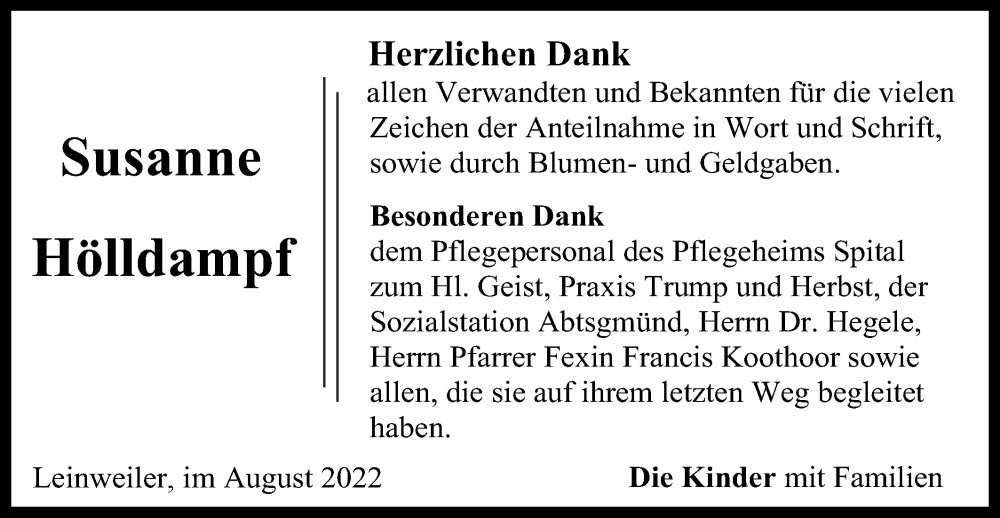 Traueranzeige für Susanne Hölldampf vom 20.08.2022 aus Gmünder Tagespost