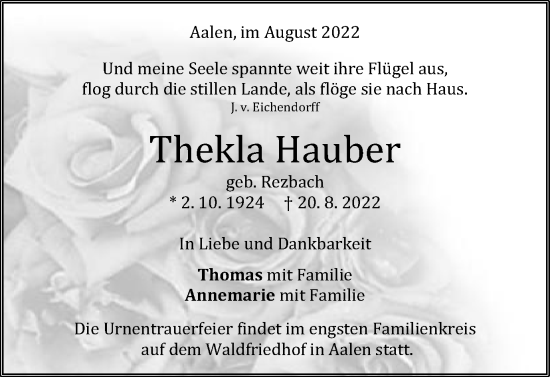 Traueranzeige von Thekla Hauber von Schwäbische Post