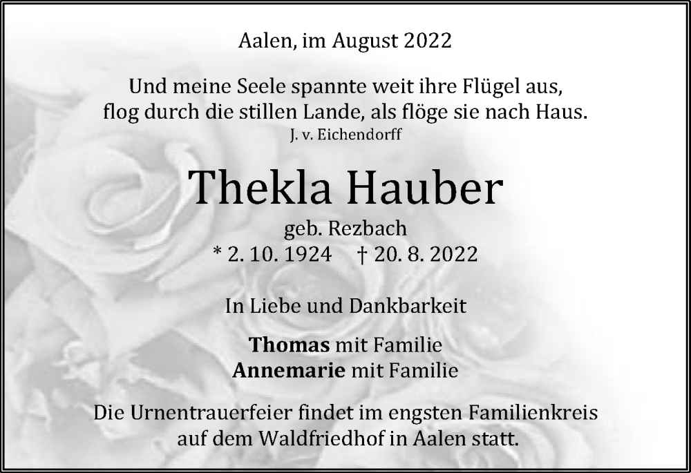 Traueranzeige für Thekla Hauber vom 24.08.2022 aus Schwäbische Post