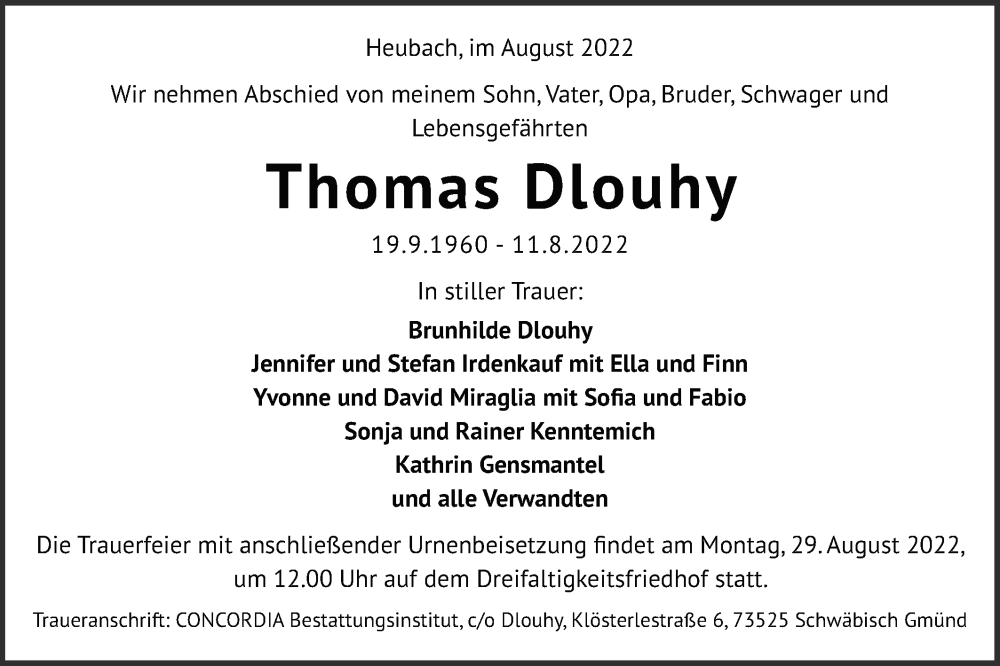  Traueranzeige für Thomas Dlouhy vom 22.08.2022 aus Gmünder Tagespost