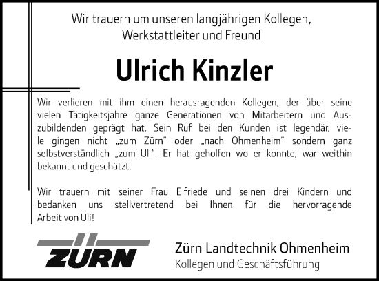 Traueranzeige von Ulrich Kinzler von Schwäbische Post